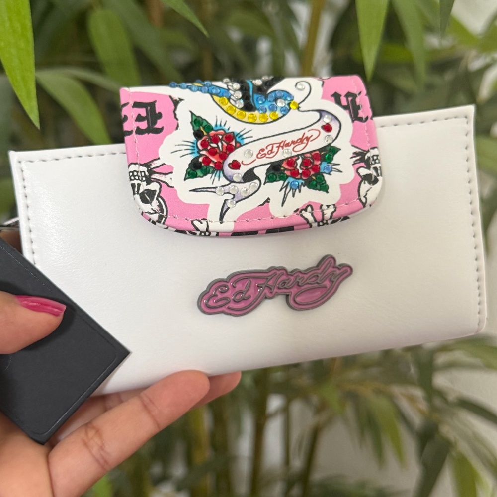 Ed Hardy White and Pink Women's Wallet with Tattoo Print